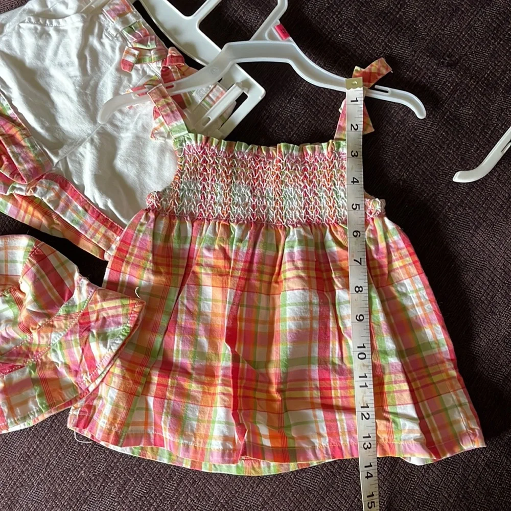 Gymboree Pink Orange Green Plaid Sun Dress, White Shorts & Matching Hat